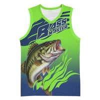 Bass Master Fishing Basketball Jersey with Jumping Largemouth Bass and Green Wave Pattern - Wonder Print Shop