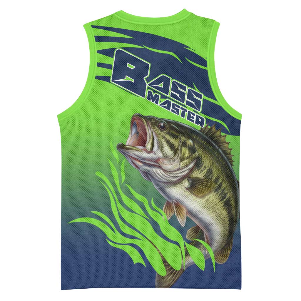 Bass Master Fishing Basketball Jersey with Jumping Largemouth Bass and Green Wave Pattern - Wonder Print Shop