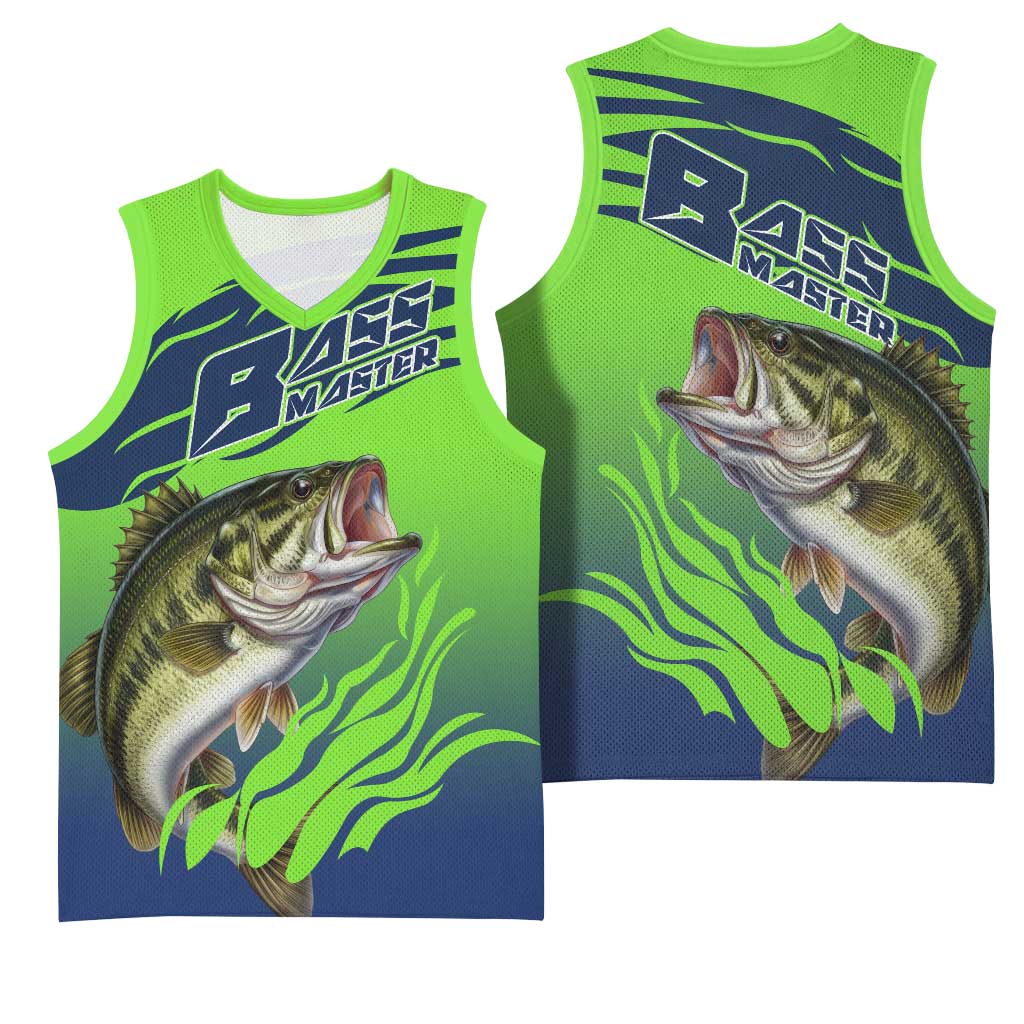 Bass Master Fishing Basketball Jersey with Jumping Largemouth Bass and Green Wave Pattern - Wonder Print Shop