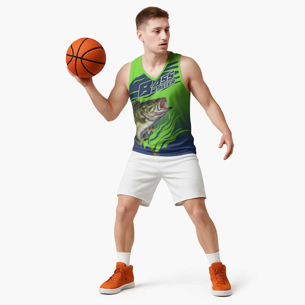 Bass Master Fishing Basketball Jersey with Jumping Largemouth Bass and Green Wave Pattern - Wonder Print Shop