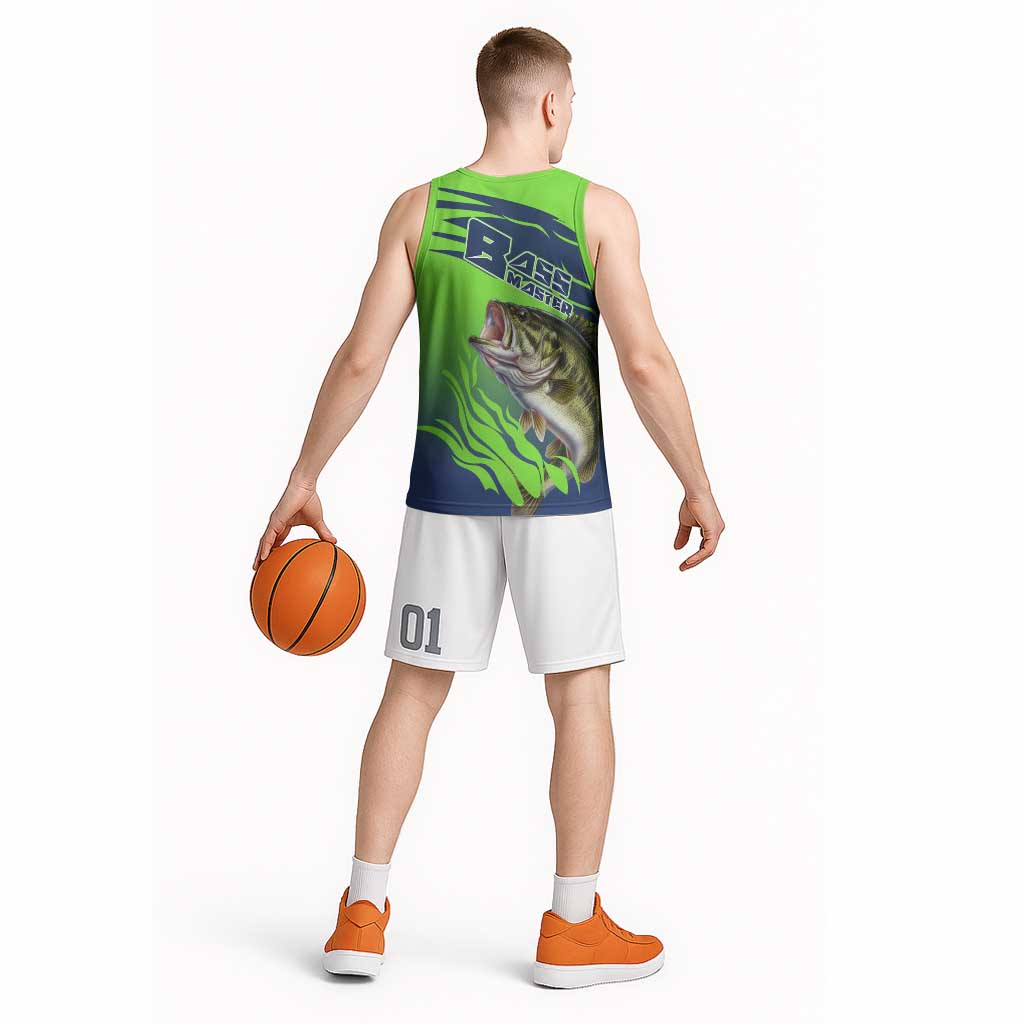 Bass Master Fishing Basketball Jersey with Jumping Largemouth Bass and Green Wave Pattern - Wonder Print Shop