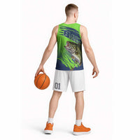 Bass Master Fishing Basketball Jersey with Jumping Largemouth Bass and Green Wave Pattern - Wonder Print Shop
