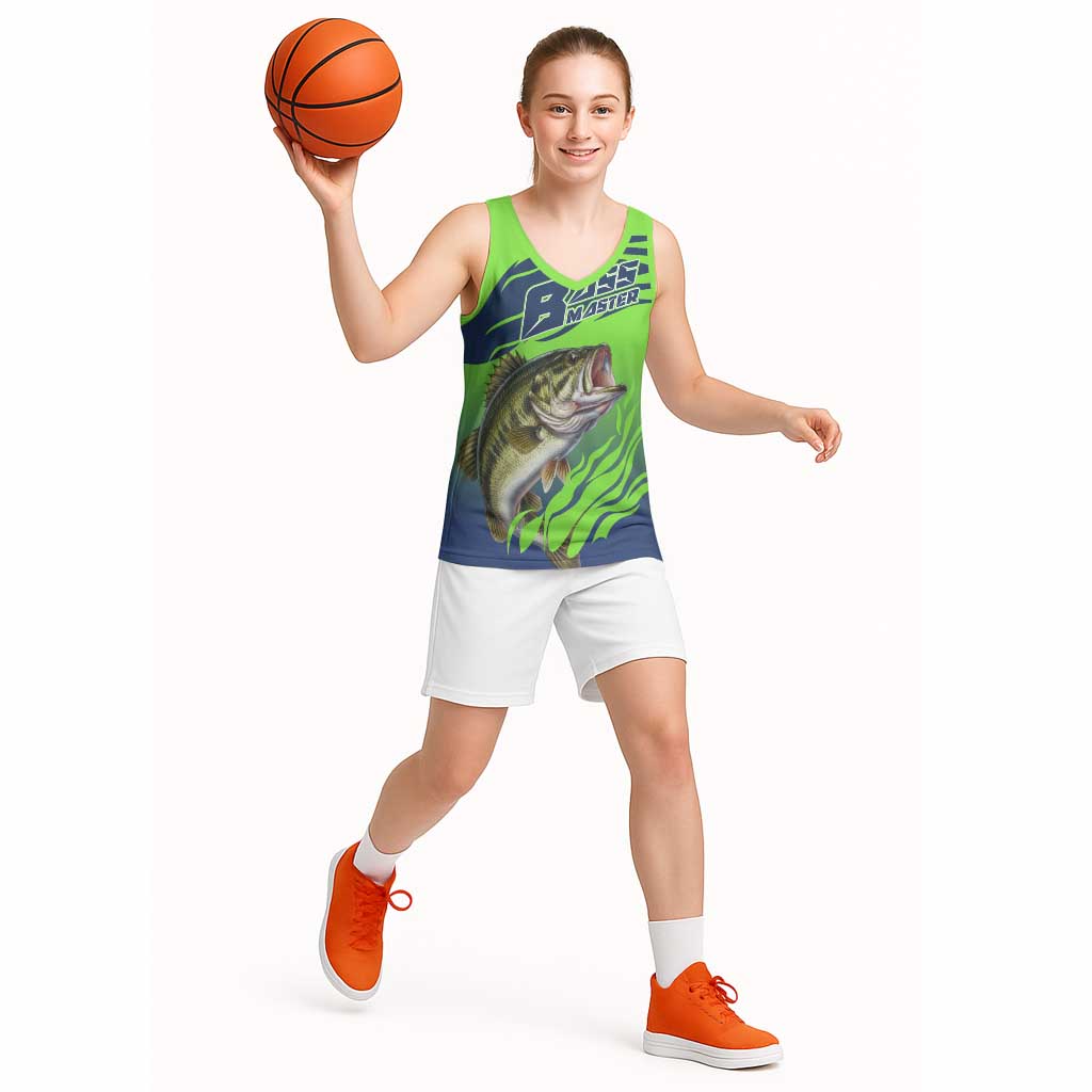 Bass Master Fishing Basketball Jersey with Jumping Largemouth Bass and Green Wave Pattern - Wonder Print Shop