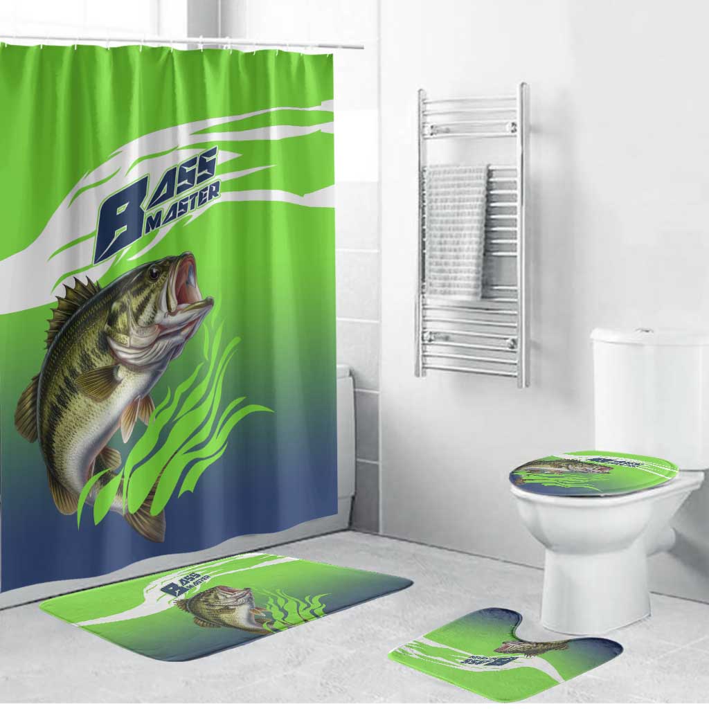 Bass Master Fishing Bathroom Set with Jumping Largemouth Bass and Green Wave Pattern - Wonder Print Shop