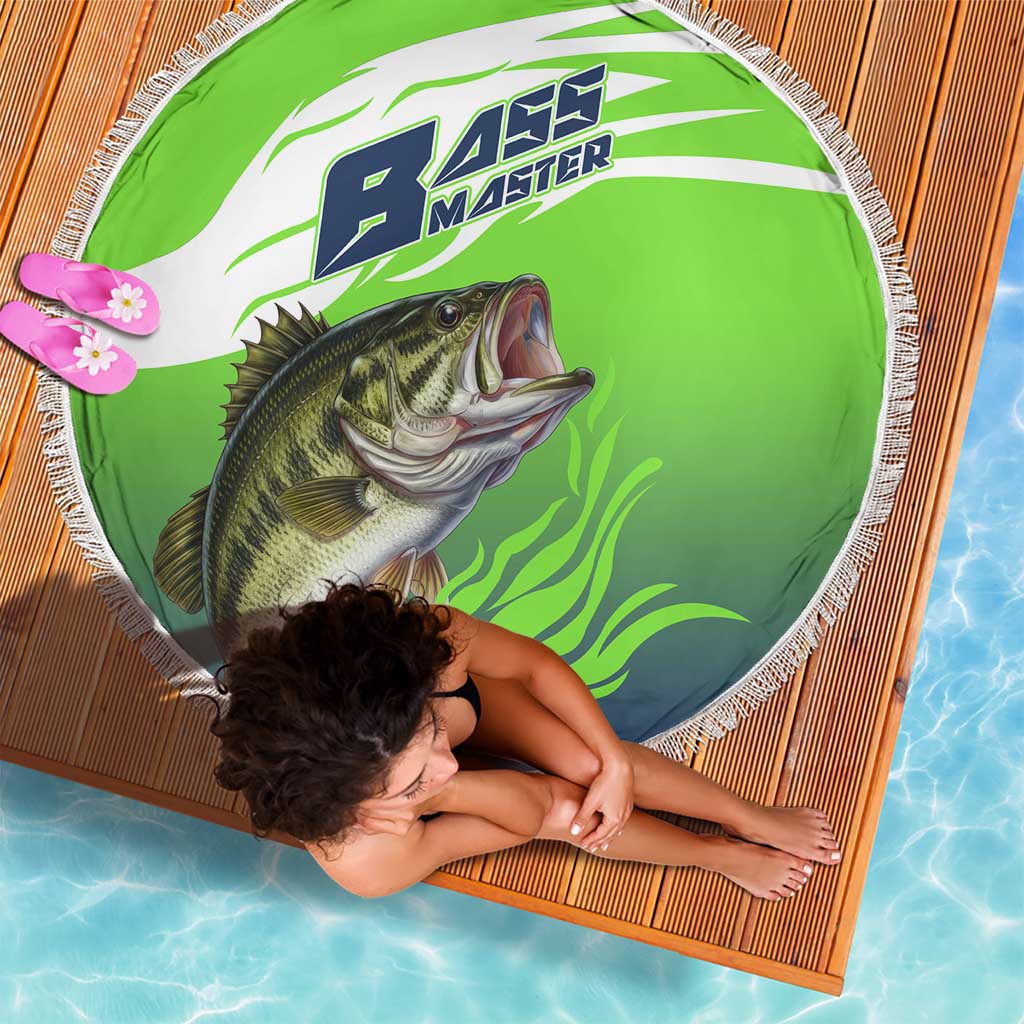 Bass Master Fishing Beach Blanket with Jumping Largemouth Bass and Green Wave Pattern - Wonder Print Shop