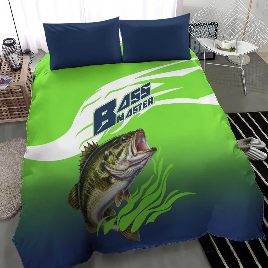 Bass Master Fishing Bedding Set with Jumping Largemouth Bass and Green Wave Pattern - Wonder Print Shop