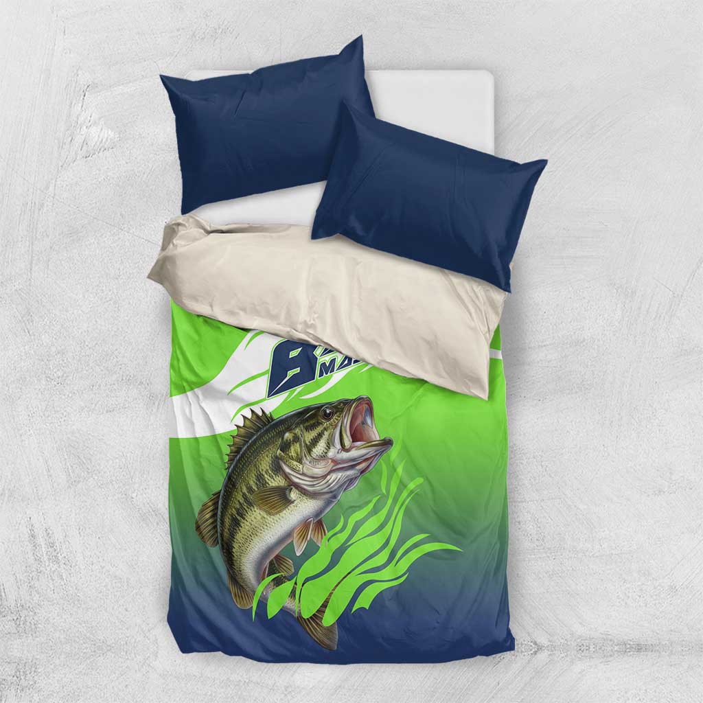 Bass Master Fishing Bedding Set with Jumping Largemouth Bass and Green Wave Pattern - Wonder Print Shop