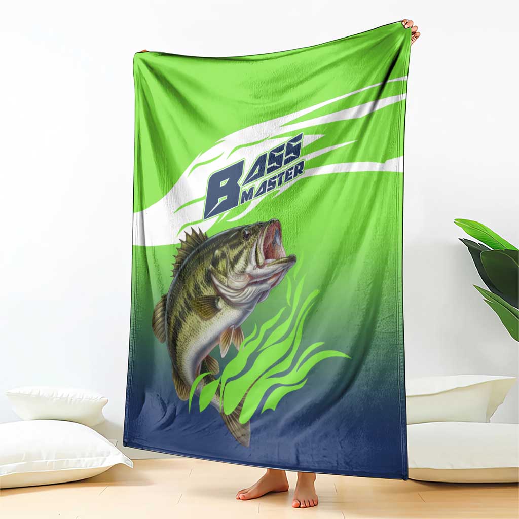 Bass Master Fishing Blanket with Jumping Largemouth Bass and Green Wave Pattern - Wonder Print Shop
