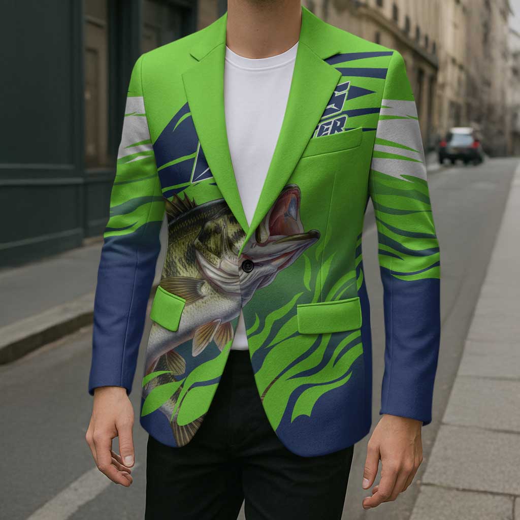Bass Master Fishing Blazer with Jumping Largemouth Bass and Green Wave Pattern - Wonder Print Shop