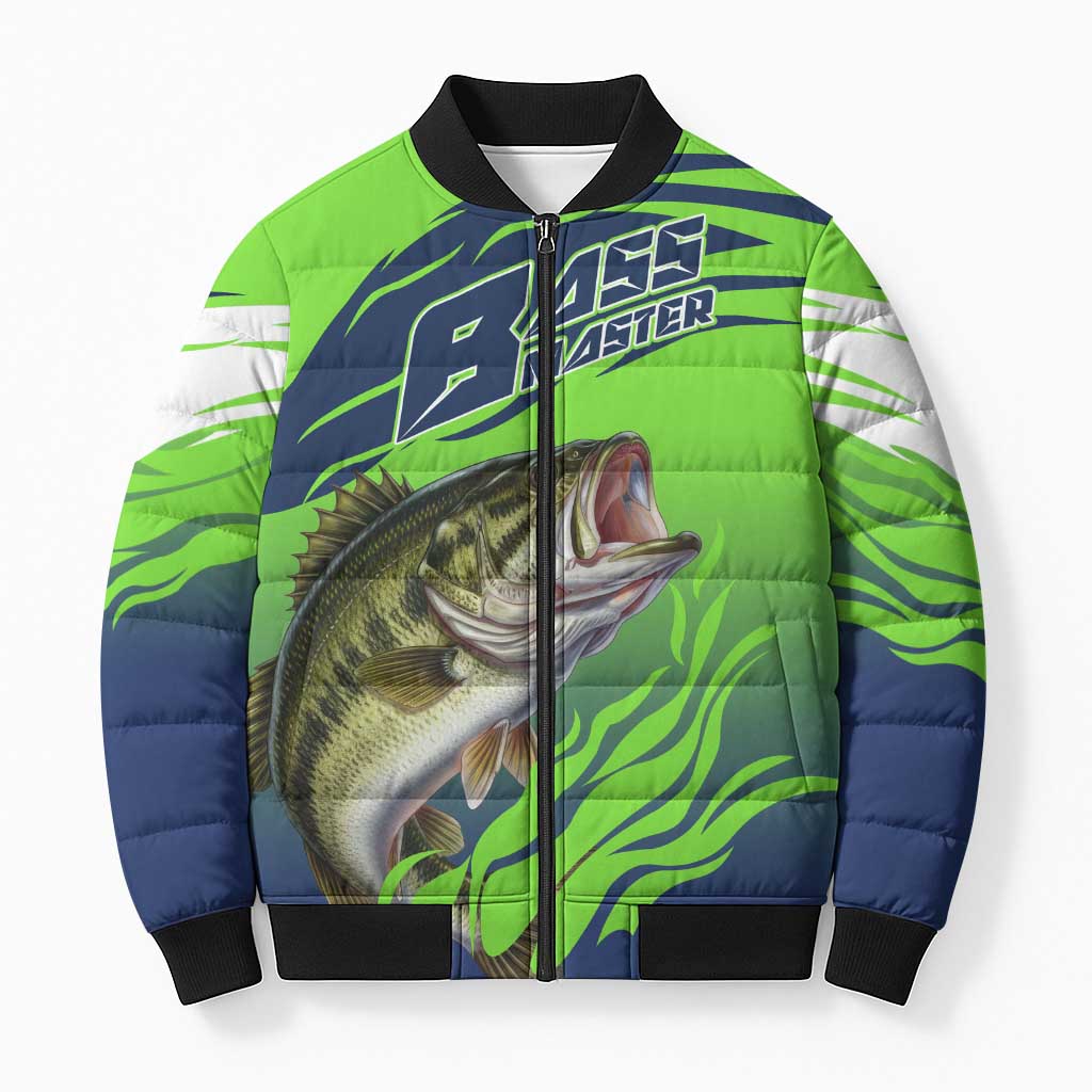 Bass Master Fishing Bomber Puffer Jacket with Jumping Largemouth Bass and Green Wave Pattern - Wonder Print Shop
