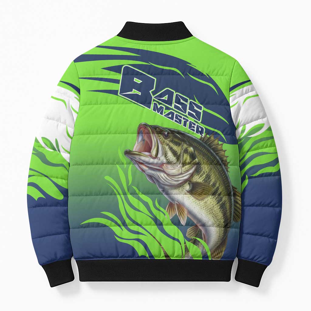 Bass Master Fishing Bomber Puffer Jacket with Jumping Largemouth Bass and Green Wave Pattern - Wonder Print Shop