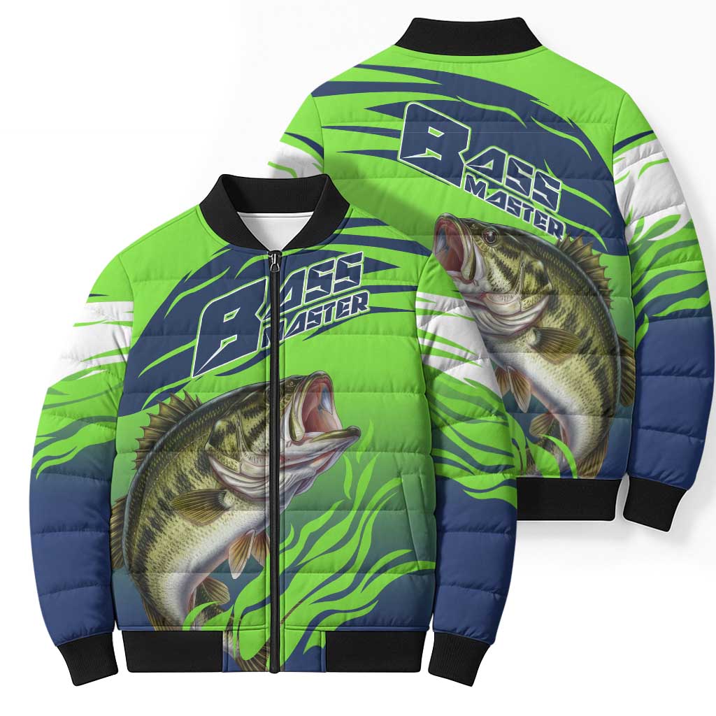 Bass Master Fishing Bomber Puffer Jacket with Jumping Largemouth Bass and Green Wave Pattern - Wonder Print Shop