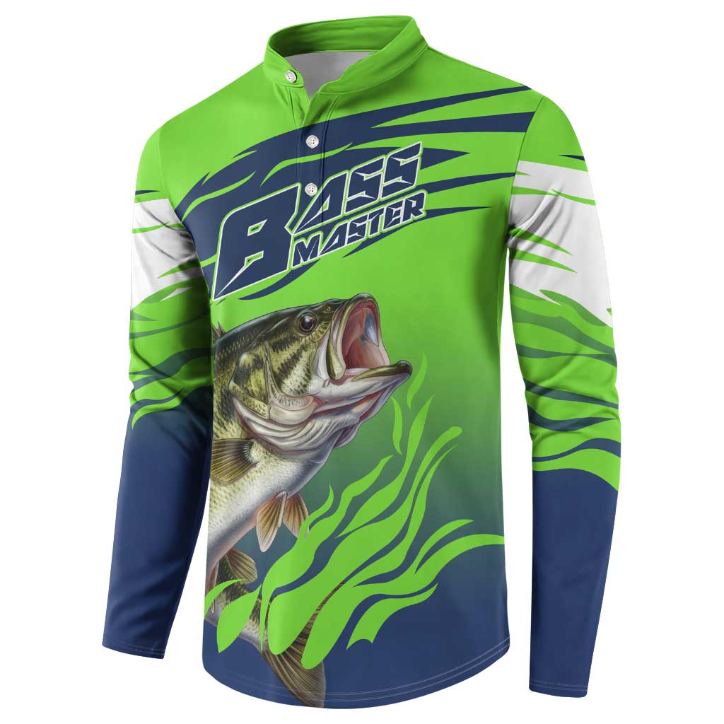 Bass Master Fishing Button Sweatshirt with Jumping Largemouth Bass and Green Wave Pattern - Wonder Print Shop