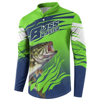 Bass Master Fishing Button Sweatshirt with Jumping Largemouth Bass and Green Wave Pattern - Wonder Print Shop