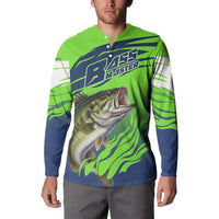 Bass Master Fishing Button Sweatshirt with Jumping Largemouth Bass and Green Wave Pattern - Wonder Print Shop