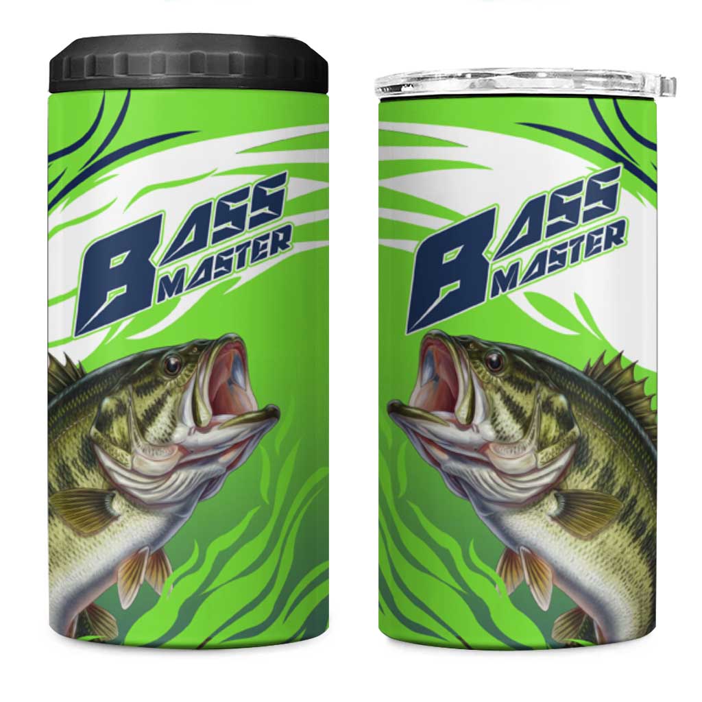 Bass Master Fishing 4 in 1 Can Cooler Tumbler with Jumping Largemouth Bass and Green Wave Pattern - Wonder Print Shop