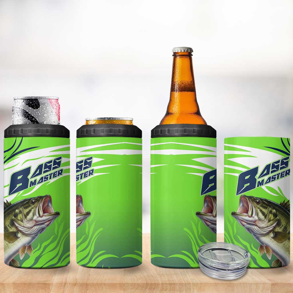 Bass Master Fishing 4 in 1 Can Cooler Tumbler with Jumping Largemouth Bass and Green Wave Pattern - Wonder Print Shop