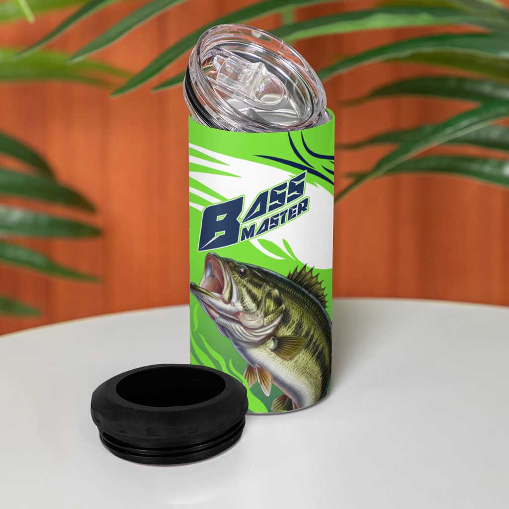 Bass Master Fishing 4 in 1 Can Cooler Tumbler with Jumping Largemouth Bass and Green Wave Pattern - Wonder Print Shop