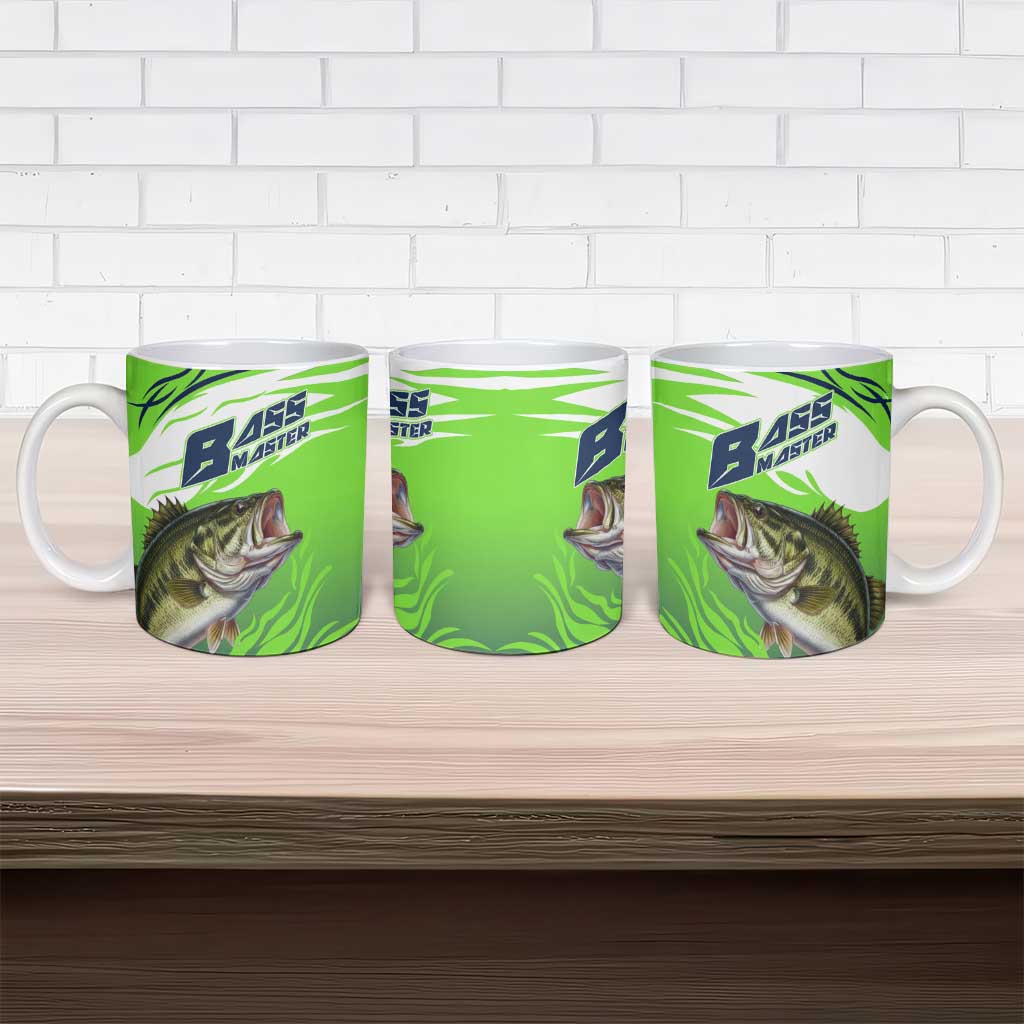 Bass Master Fishing Ceramic Mug with Jumping Largemouth Bass and Green Wave Pattern - Wonder Print Shop