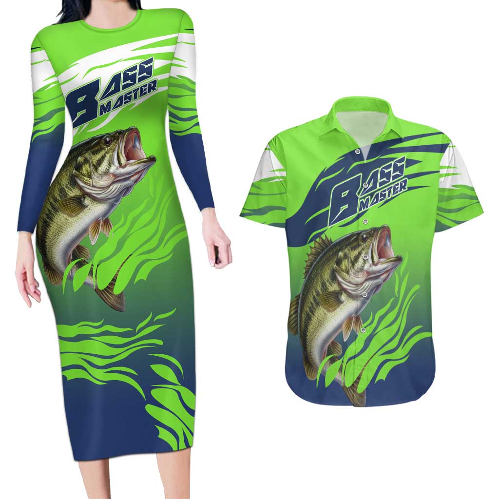 Bass Master Fishing Couples Matching Long Sleeve Bodycon Dress and Hawaiian Shirt with Jumping Largemouth Bass and Green Wave Pattern - Wonder Print Shop