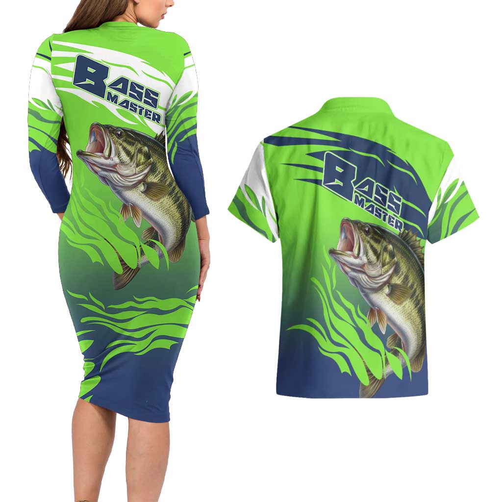 Bass Master Fishing Couples Matching Long Sleeve Bodycon Dress and Hawaiian Shirt with Jumping Largemouth Bass and Green Wave Pattern - Wonder Print Shop
