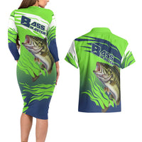 Bass Master Fishing Couples Matching Long Sleeve Bodycon Dress and Hawaiian Shirt with Jumping Largemouth Bass and Green Wave Pattern - Wonder Print Shop