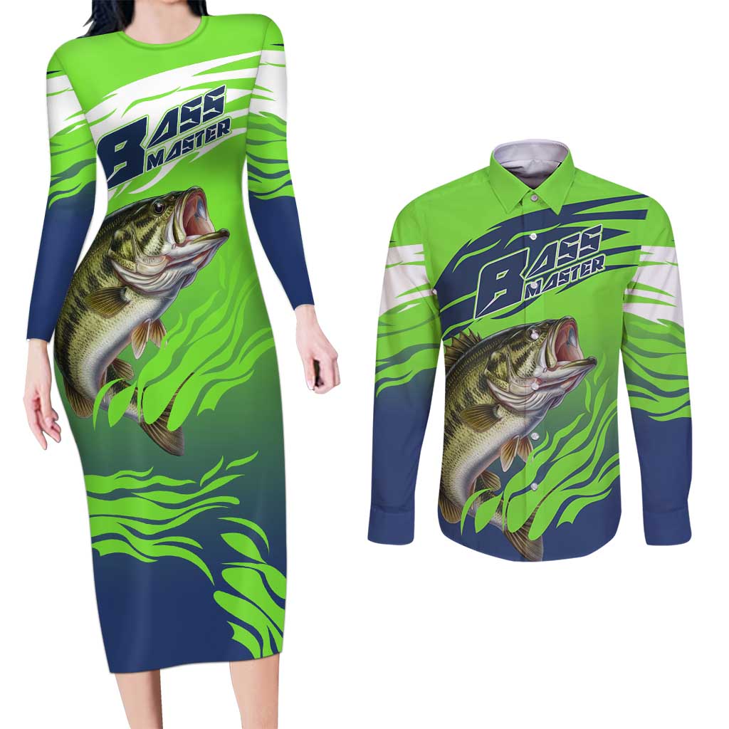 Bass Master Fishing Couples Matching Long Sleeve Bodycon Dress and Long Sleeve Button Shirt with Jumping Largemouth Bass and Green Wave Pattern - Wonder Print Shop