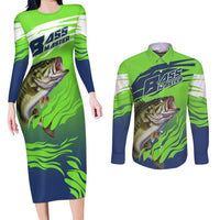 Bass Master Fishing Couples Matching Long Sleeve Bodycon Dress and Long Sleeve Button Shirt with Jumping Largemouth Bass and Green Wave Pattern - Wonder Print Shop
