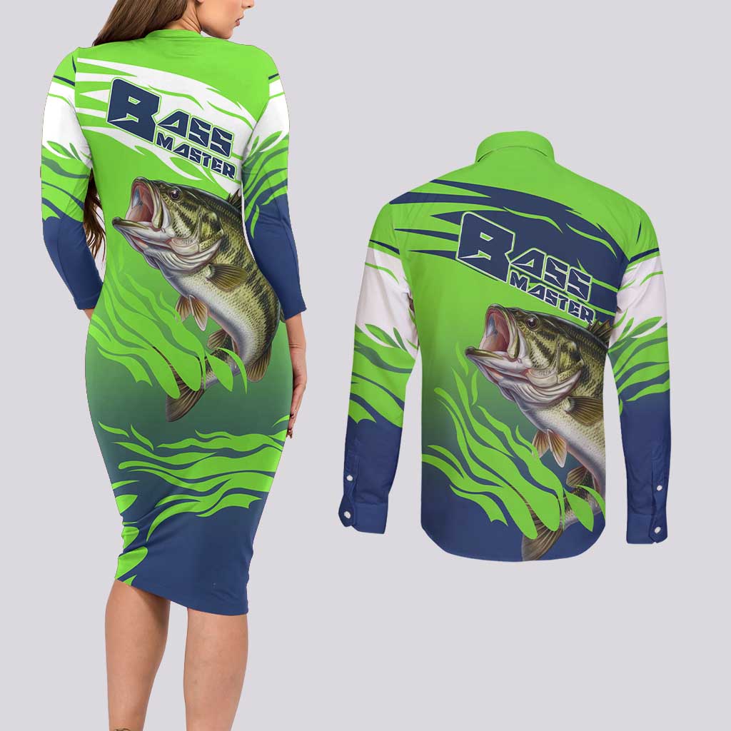 Bass Master Fishing Couples Matching Long Sleeve Bodycon Dress and Long Sleeve Button Shirt with Jumping Largemouth Bass and Green Wave Pattern - Wonder Print Shop