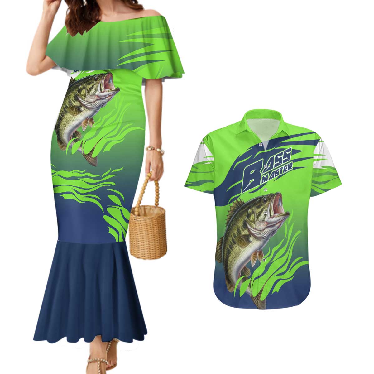 Bass Master Fishing Couples Matching Mermaid Dress and Hawaiian Shirt with Jumping Largemouth Bass and Green Wave Pattern - Wonder Print Shop