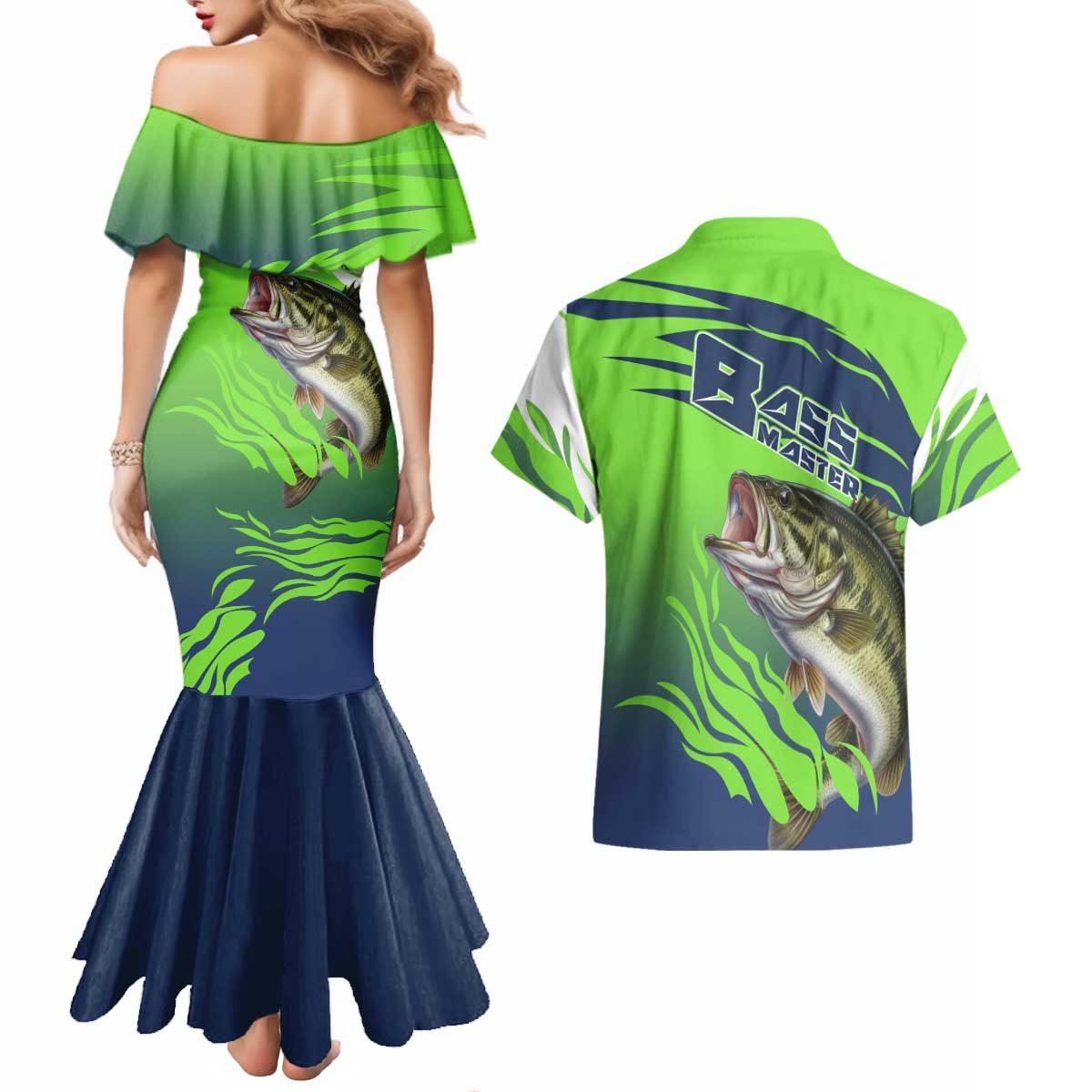 Bass Master Fishing Couples Matching Mermaid Dress and Hawaiian Shirt with Jumping Largemouth Bass and Green Wave Pattern - Wonder Print Shop