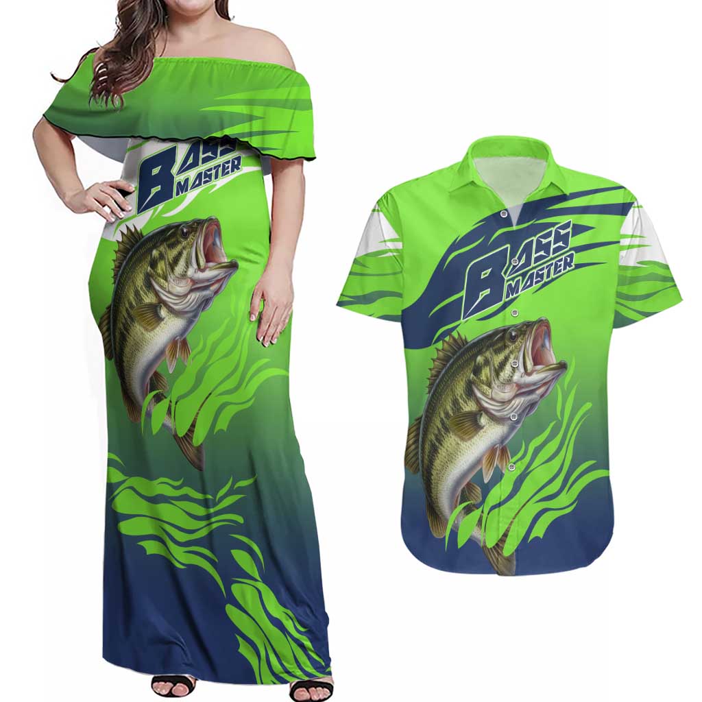 Bass Master Fishing Couples Matching Off Shoulder Maxi Dress and Hawaiian Shirt with Jumping Largemouth Bass and Green Wave Pattern - Wonder Print Shop