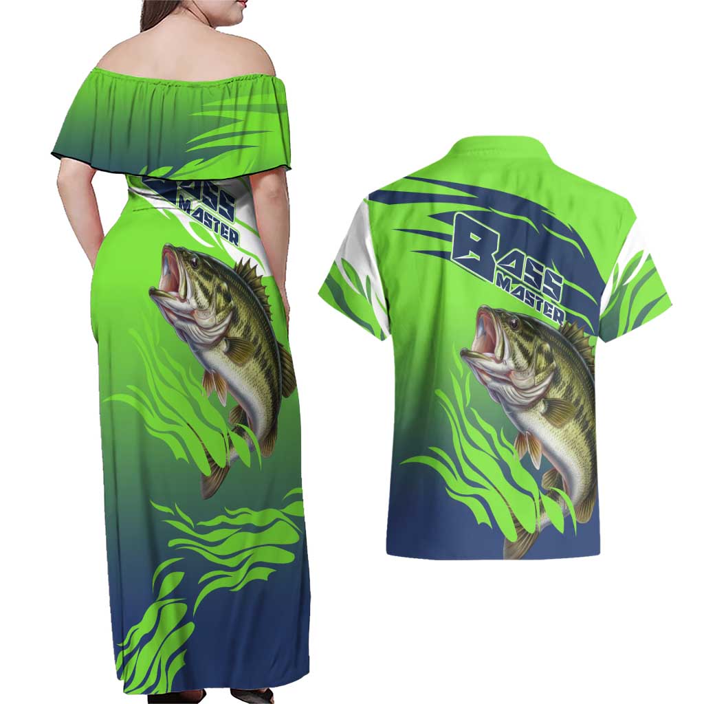 Bass Master Fishing Couples Matching Off Shoulder Maxi Dress and Hawaiian Shirt with Jumping Largemouth Bass and Green Wave Pattern - Wonder Print Shop