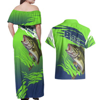Bass Master Fishing Couples Matching Off Shoulder Maxi Dress and Hawaiian Shirt with Jumping Largemouth Bass and Green Wave Pattern - Wonder Print Shop