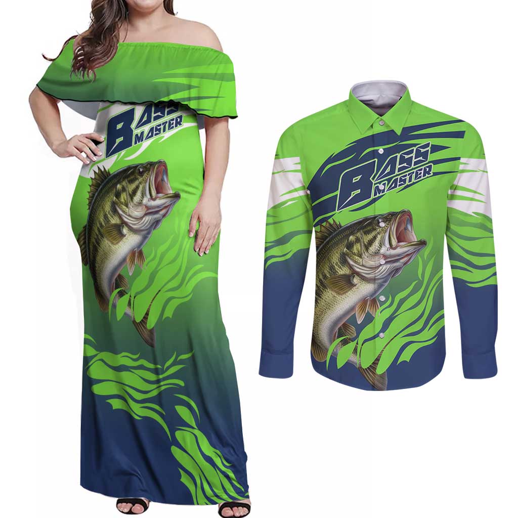 Bass Master Fishing Couples Matching Off Shoulder Maxi Dress and Long Sleeve Button Shirt with Jumping Largemouth Bass and Green Wave Pattern - Wonder Print Shop