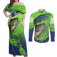 Bass Master Fishing Couples Matching Off Shoulder Maxi Dress and Long Sleeve Button Shirt with Jumping Largemouth Bass and Green Wave Pattern - Wonder Print Shop