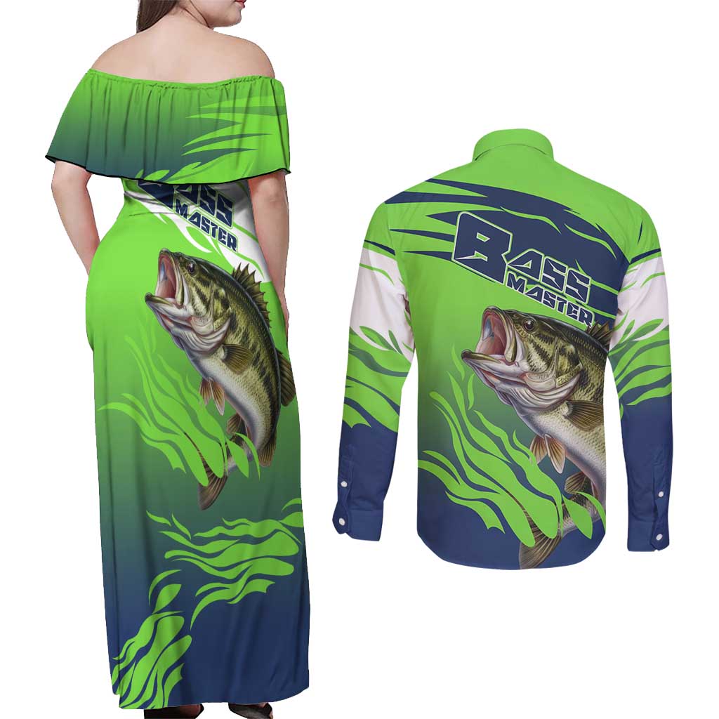 Bass Master Fishing Couples Matching Off Shoulder Maxi Dress and Long Sleeve Button Shirt with Jumping Largemouth Bass and Green Wave Pattern - Wonder Print Shop