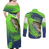 Bass Master Fishing Couples Matching Off Shoulder Maxi Dress and Long Sleeve Button Shirt with Jumping Largemouth Bass and Green Wave Pattern - Wonder Print Shop