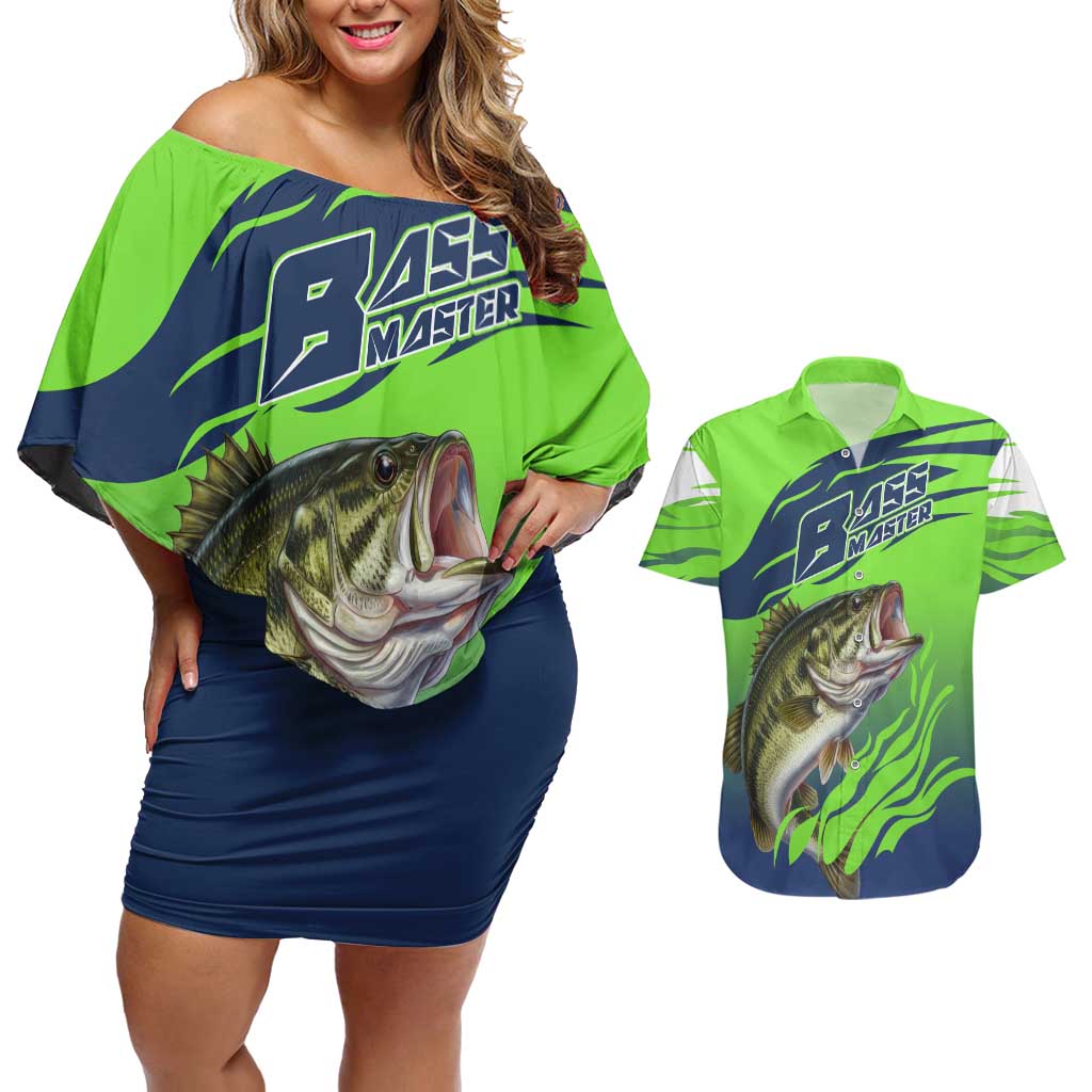 Bass Master Fishing Couples Matching Off Shoulder Short Dress and Hawaiian Shirt with Jumping Largemouth Bass and Green Wave Pattern - Wonder Print Shop