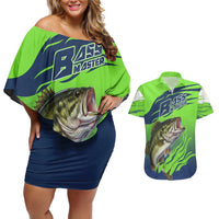 Bass Master Fishing Couples Matching Off Shoulder Short Dress and Hawaiian Shirt with Jumping Largemouth Bass and Green Wave Pattern - Wonder Print Shop