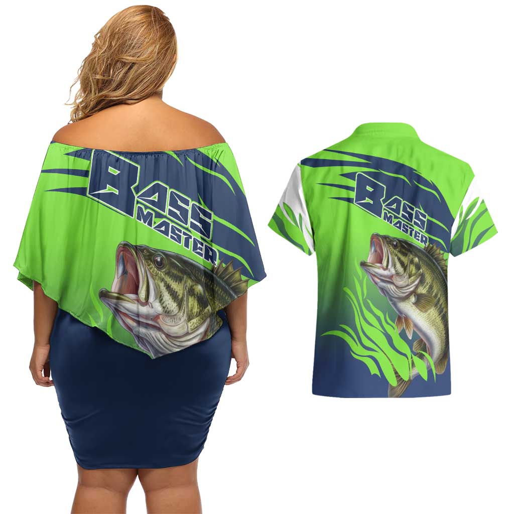 Bass Master Fishing Couples Matching Off Shoulder Short Dress and Hawaiian Shirt with Jumping Largemouth Bass and Green Wave Pattern - Wonder Print Shop