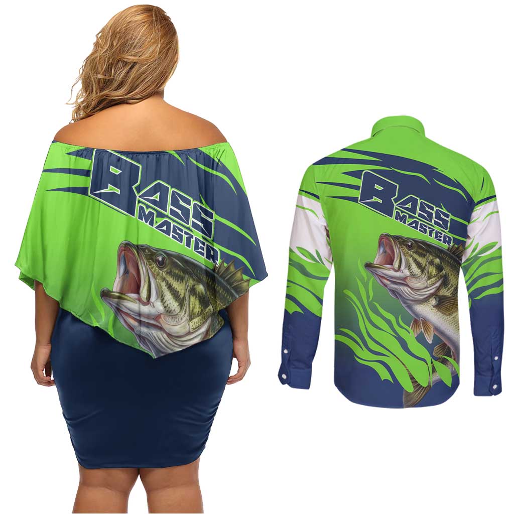 Bass Master Fishing Couples Matching Off Shoulder Short Dress and Long Sleeve Button Shirt with Jumping Largemouth Bass and Green Wave Pattern - Wonder Print Shop