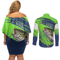 Bass Master Fishing Couples Matching Off Shoulder Short Dress and Long Sleeve Button Shirt with Jumping Largemouth Bass and Green Wave Pattern - Wonder Print Shop