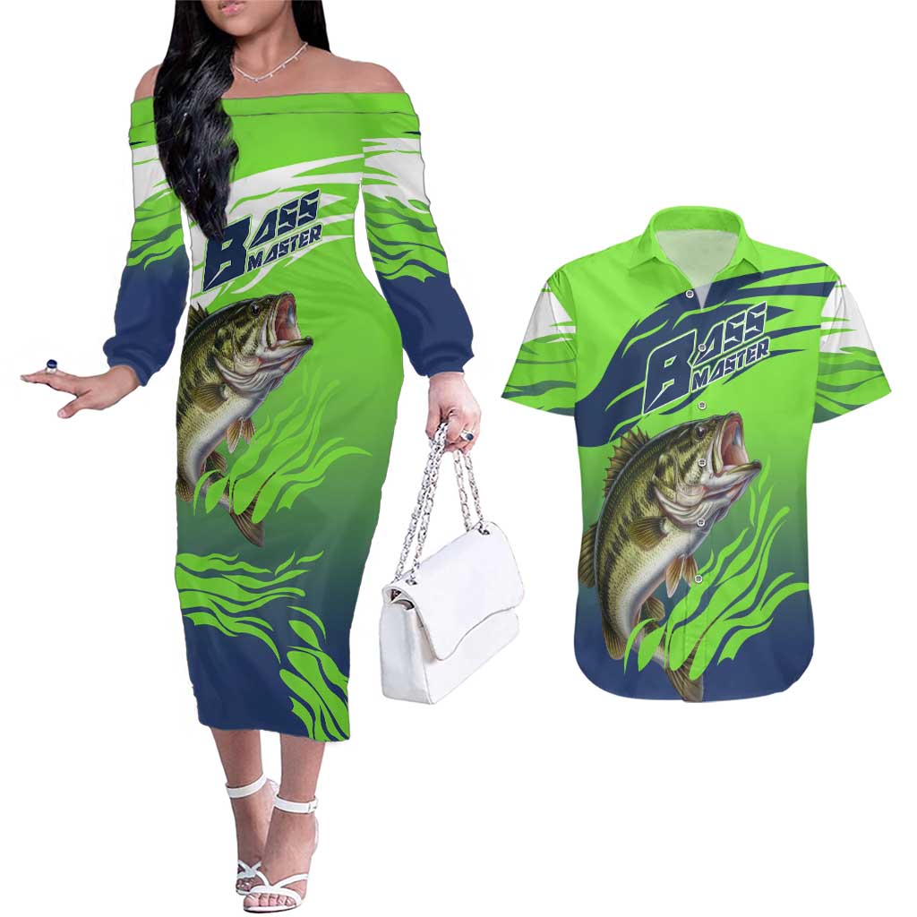 Bass Master Fishing Couples Matching Off The Shoulder Long Sleeve Dress and Hawaiian Shirt with Jumping Largemouth Bass and Green Wave Pattern - Wonder Print Shop