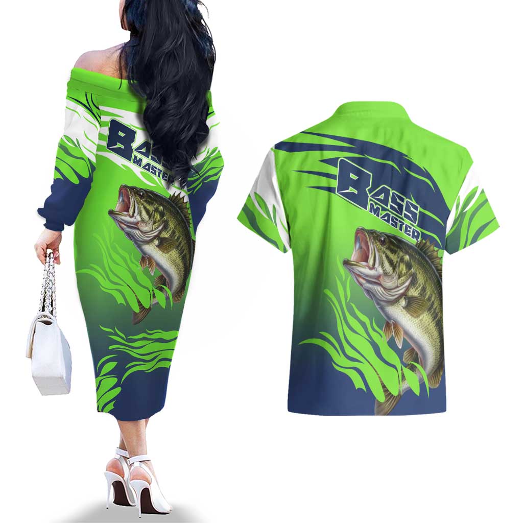 Bass Master Fishing Couples Matching Off The Shoulder Long Sleeve Dress and Hawaiian Shirt with Jumping Largemouth Bass and Green Wave Pattern - Wonder Print Shop