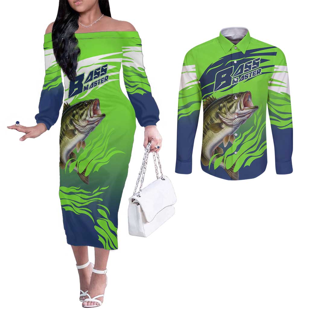 Bass Master Fishing Couples Matching Off The Shoulder Long Sleeve Dress and Long Sleeve Button Shirt with Jumping Largemouth Bass and Green Wave Pattern - Wonder Print Shop