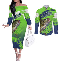 Bass Master Fishing Couples Matching Off The Shoulder Long Sleeve Dress and Long Sleeve Button Shirt with Jumping Largemouth Bass and Green Wave Pattern - Wonder Print Shop