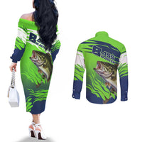 Bass Master Fishing Couples Matching Off The Shoulder Long Sleeve Dress and Long Sleeve Button Shirt with Jumping Largemouth Bass and Green Wave Pattern - Wonder Print Shop