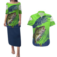Bass Master Fishing Couples Matching Puletasi and Hawaiian Shirt with Jumping Largemouth Bass and Green Wave Pattern - Wonder Print Shop