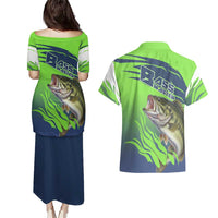 Bass Master Fishing Couples Matching Puletasi and Hawaiian Shirt with Jumping Largemouth Bass and Green Wave Pattern - Wonder Print Shop